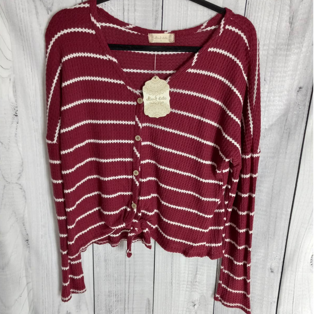 Altar'd State | Maroon & White Striped Waffle Tie-Front Button-Down Top